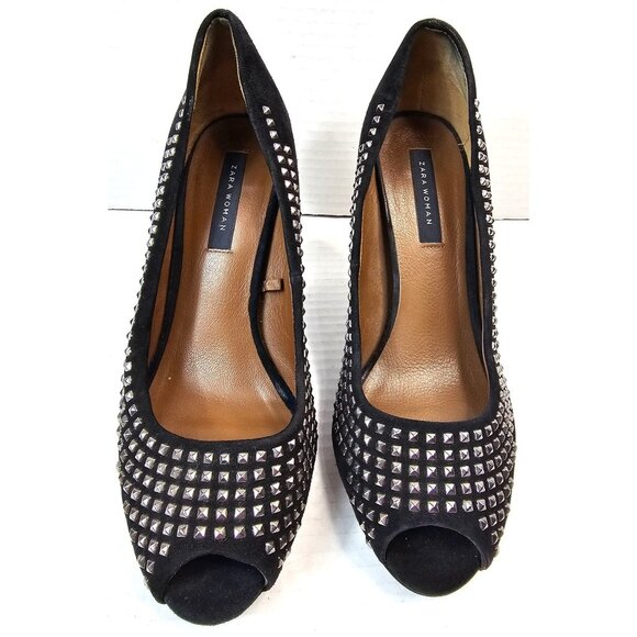 Zara Woman Black Suede Studded Peep Toe Heels Size 38 - Picture 2 of 10